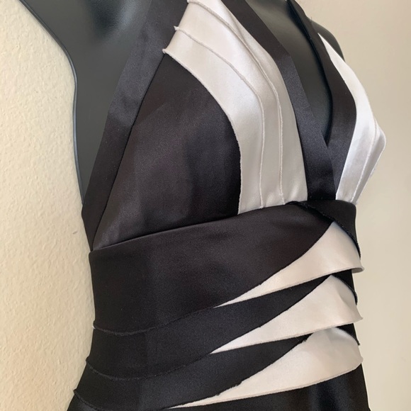 BCBG Max Azria Black and White Satin Halter Bandage Bodycon Dress - Picture 5 of 12